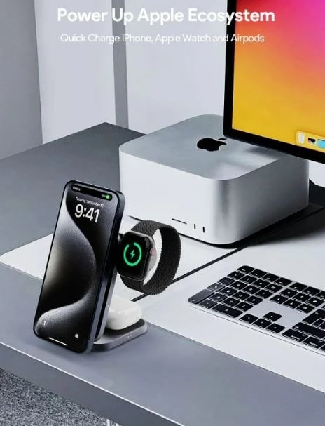 Stacion karikimi wireless 3-në-1 AUKEY LC-MC312 MagFusion Z Qi2, i palosshëm, i zi