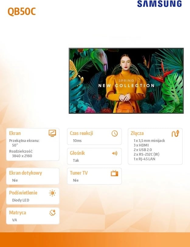 Monitor profesional Samsung QB50C, 50", UHD 3840x2160, WiFi/BT, i zi