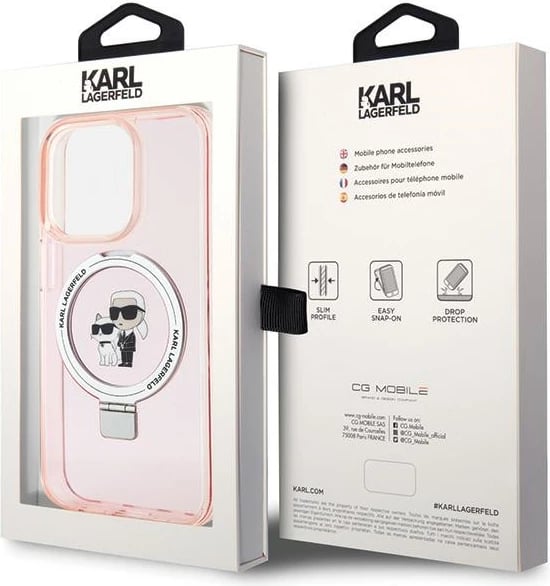 Mbështjellës Karl Lagerfeld KLHMP15LHMRSKCP për iPhone 15 Pro 6.1", me unazë Ring Stand, MagSafe, rozë
