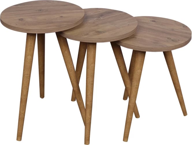 Tavolina anësore Perjene set prej 3 copash melaminë dhe dru, ngjyrë natyrale