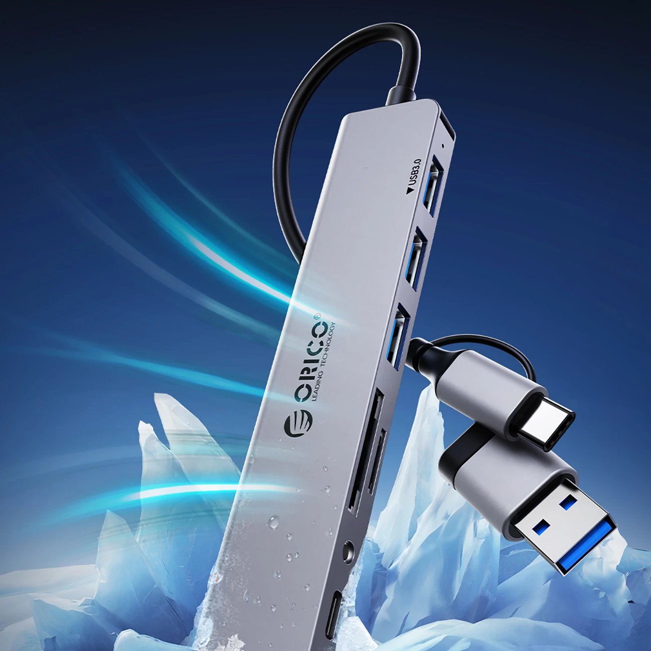 Kasë Orico YSA2-U3 me 7 porta USB-A/USB-C, Gri