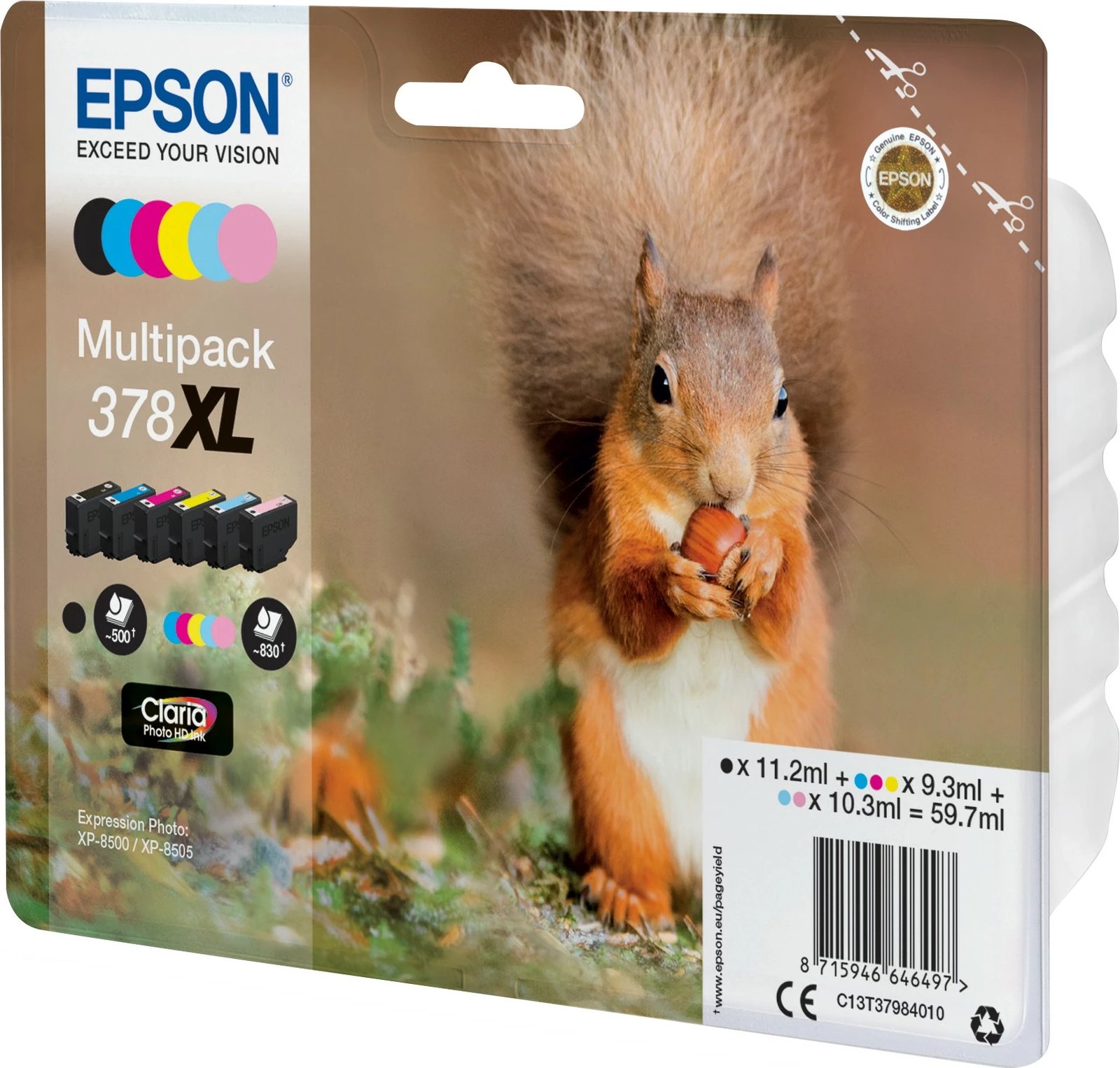 Multipak bojë Epson Squirrel 378XL Claria Photo HD, 6 ngjyra, High (XL) Yield, për printer Epson, e zezë, cyan, magenta, e verdhë