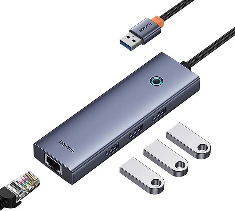 Hub 4-në-1 Baseus UltraJoy B0005280A813-01 USB-A në 3x USB 3.0 + RJ45 1000 Mbps, gri