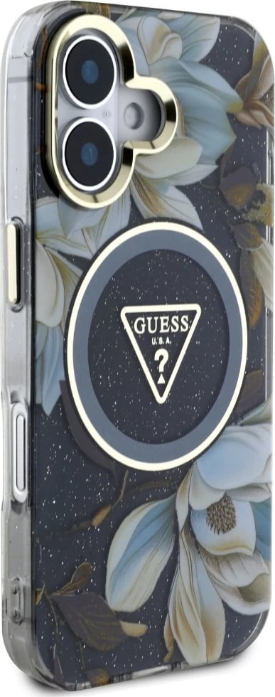 Mbështjellës Guess Glitter Flowers Triangle Buttons MagSafe për iPhone 16, i zi
