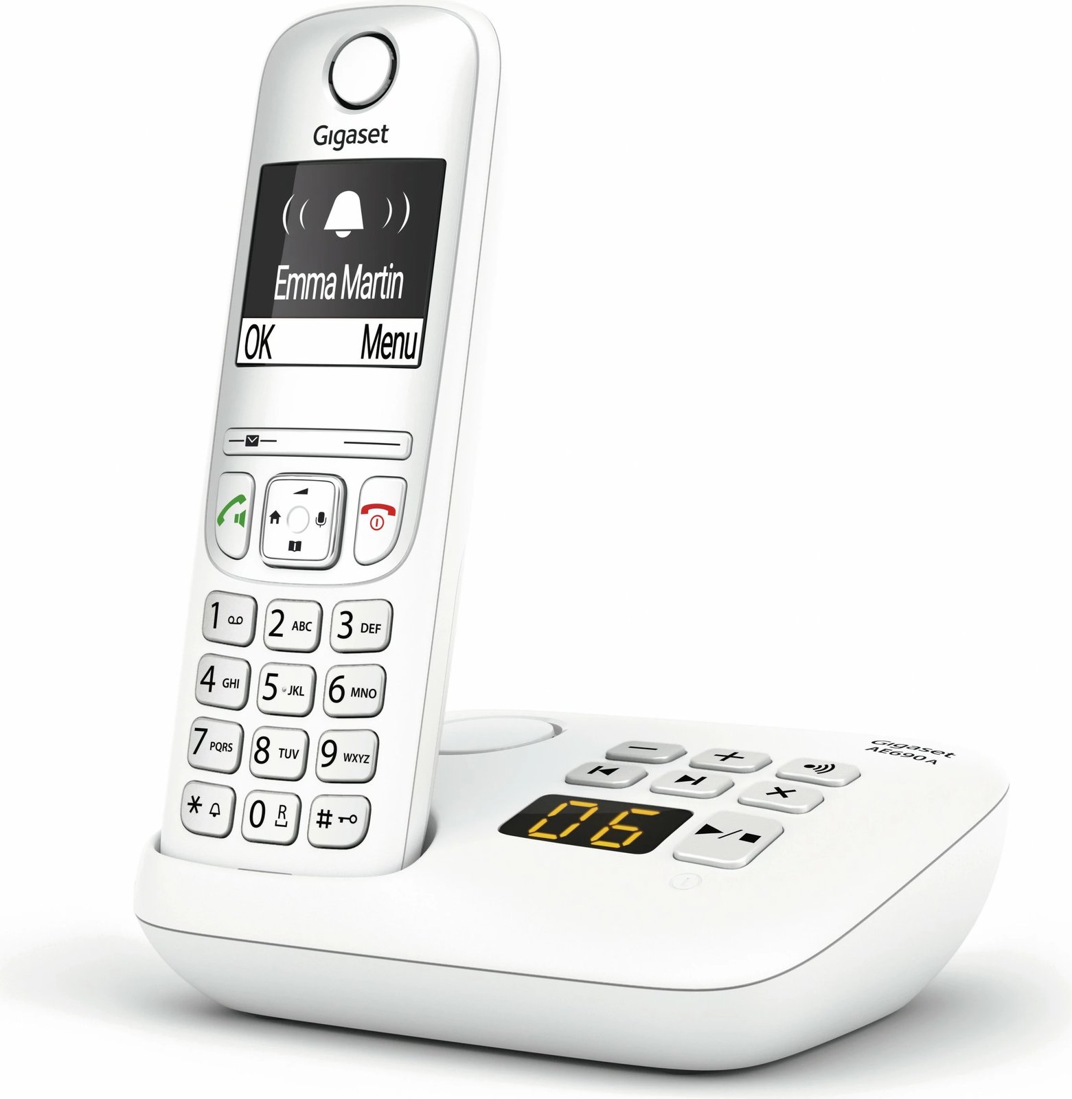Telefon pa kabllo Gigaset AE690A, analog/DECT, regjistrues thirrjesh, 100 kontakte, i bardhë