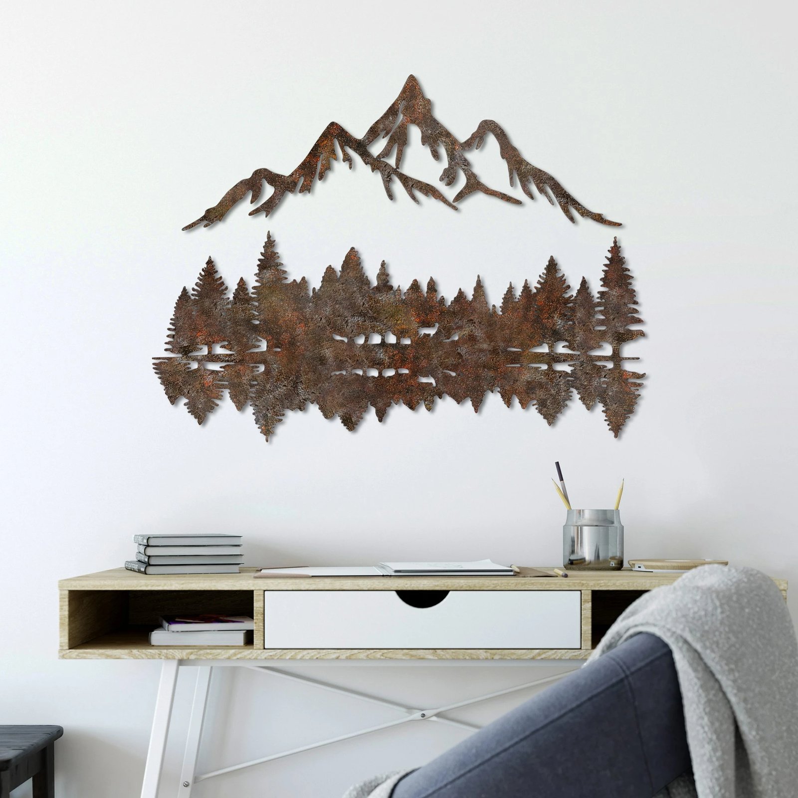 Aksesor dekorativ metalik për mur, peizazh me ngjyrë të ndryshkur, Wallity