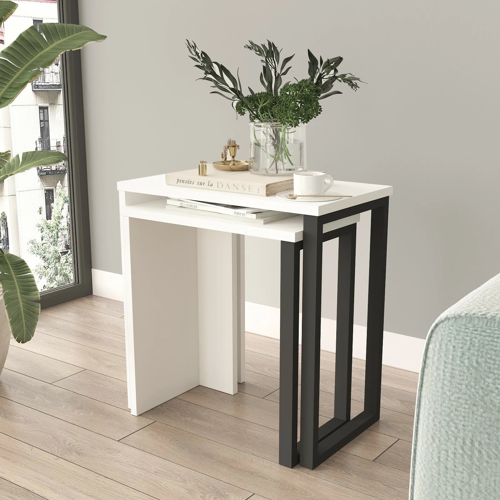 Tavolina ndihmëse të vendosshme (2 copë), ngjyrë e bardhë, Skye Decor, On7-W