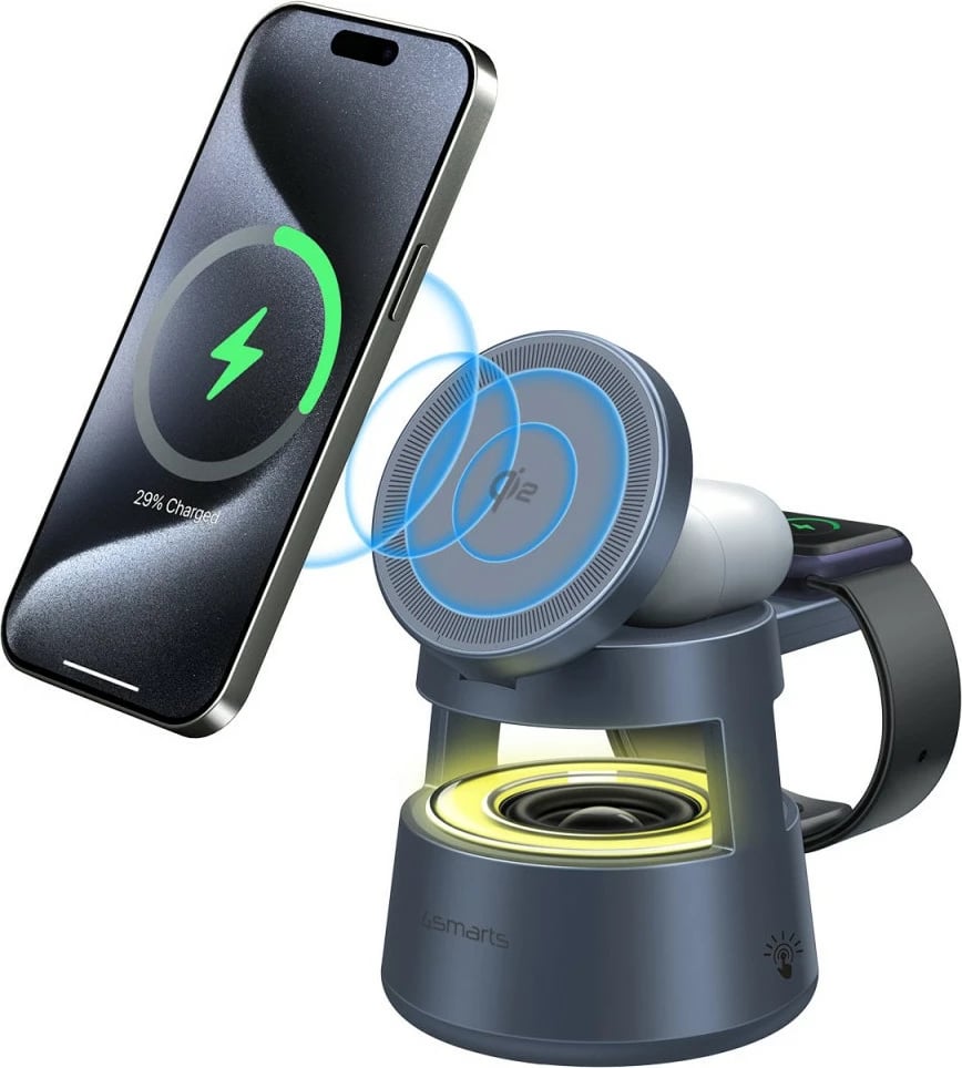 Stacion karikimi wireless 4smarts Aura Sound Qi2, altoparlant, spacegrau