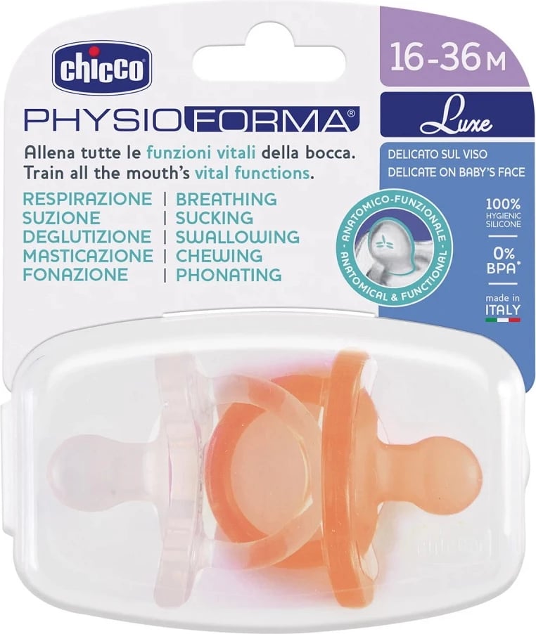 Qetësues silikoni Chicco PhysioForma Luxe Calm 16-36 muaj, portokalli, 2 copë