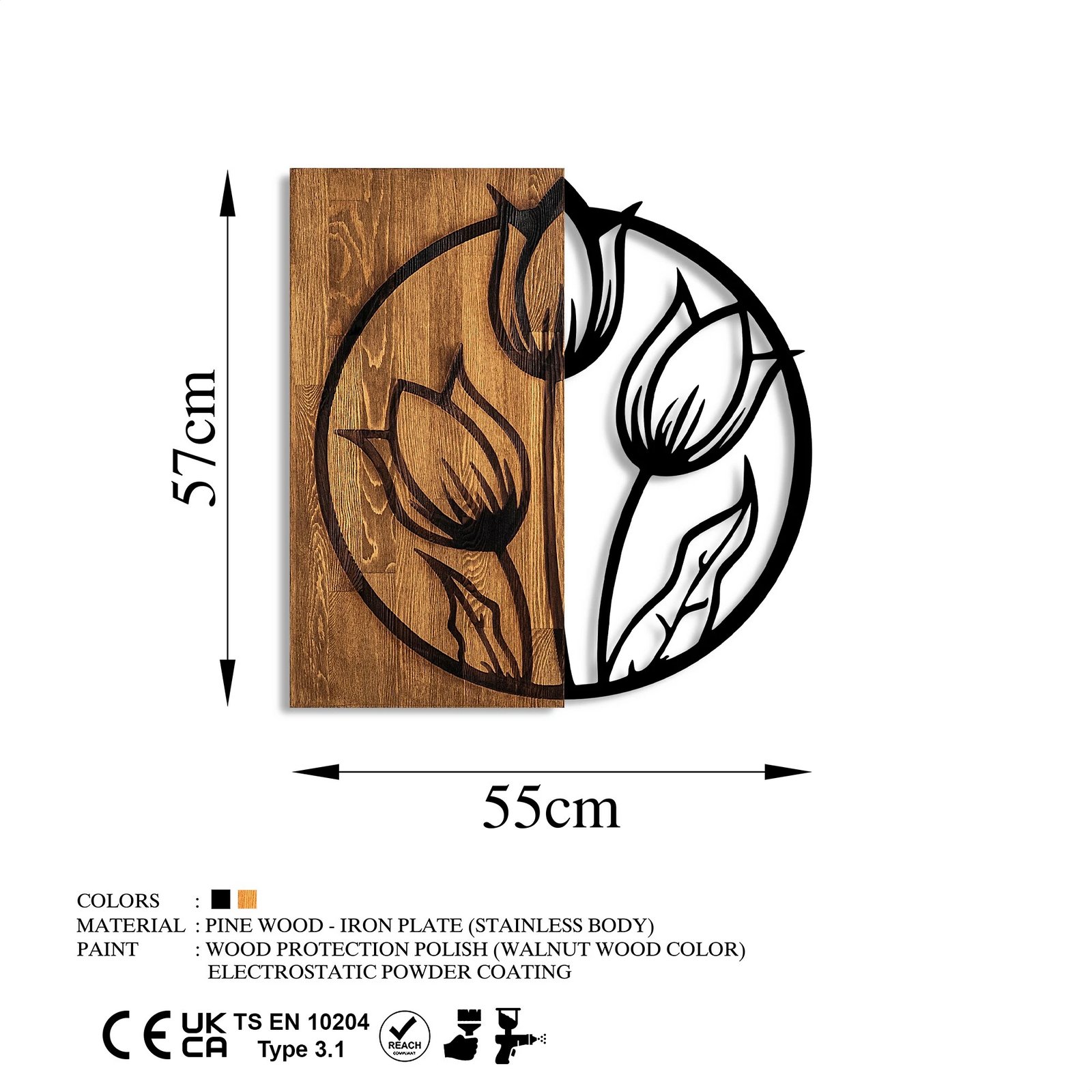 Aksesor dekorativ për mur, dru arre dhe metal, tulipanë, Wallity, 56x57cm