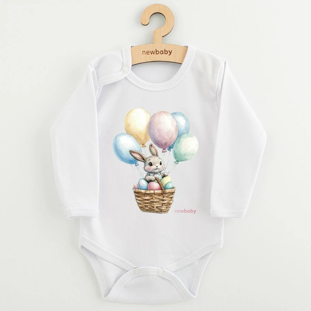 bodi bebe, NEW BABY, Rabbit with Balloons, 100% pambuk, mëngë të gjata, madhësia 62 (3-6m), e bardhë