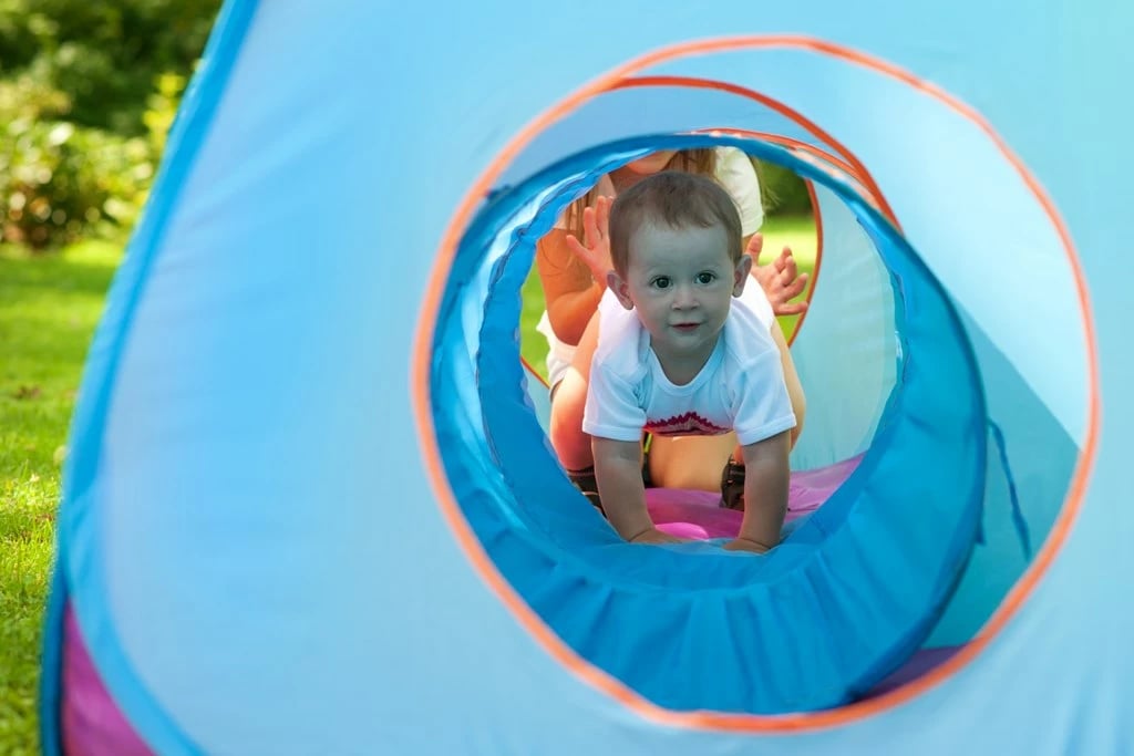 tendë loje për fëmijë, Baby Mix, 3in1 me 2 tenda dhe tunel, 265x95x94 cm, portokalli-kaltër, set