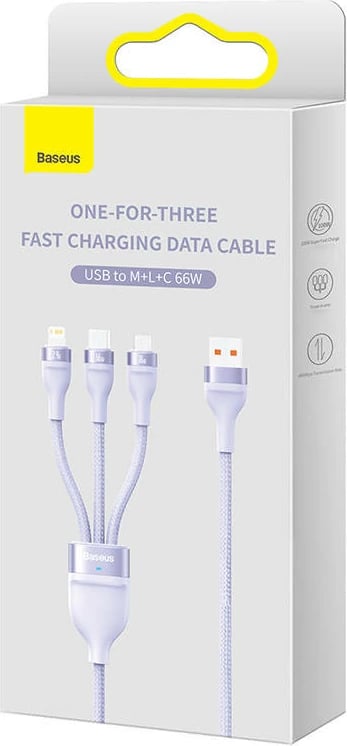 Kabllo 3-në-1 Baseus Flash II Series, USB-C + micro USB + Lightning, 66W, 1.2m, vjollcë Kabllo 3-në-1 Baseus Flash II Series, USB-C + micro USB + Lightning, 66W, 1.2m, vjollcë