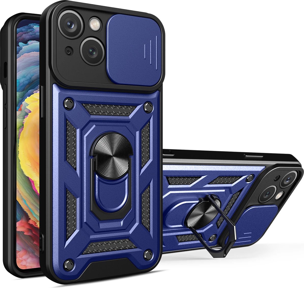 Mbështjellës Hurtel Hybrid Armor Camshield për iPhone 14 Plus, me kapak kamere, me unazë metalike, Kaltër