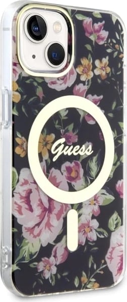 Mbështjellës Guess GUHMP14MHCFWSK për iPhone 14 Plus 6.7", Flower MagSafe, zi