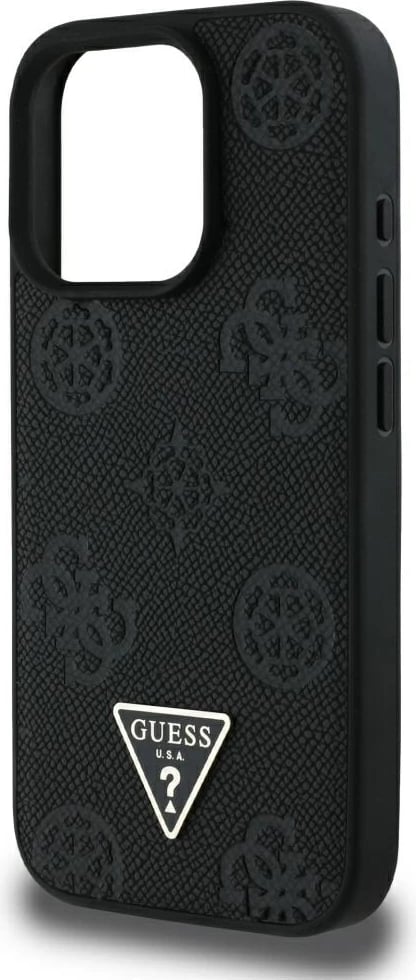 Mbështjellës Guess Grained Hot Stamp Peony Triangle Logo MagSafe për iPhone 16 Pro Max, i zi