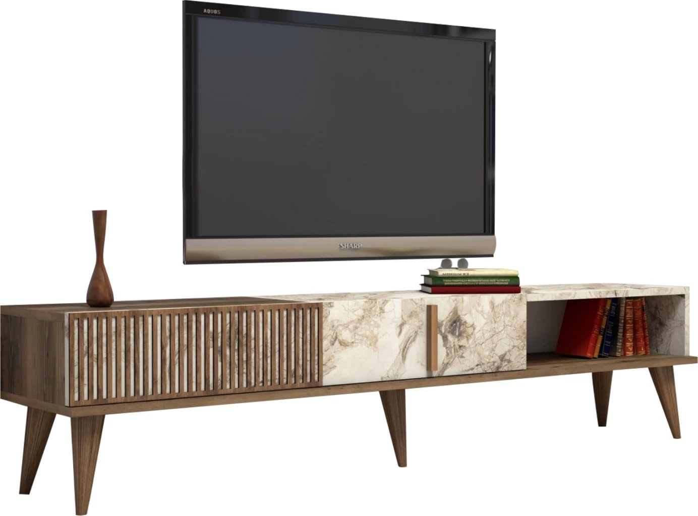 Tavolinë për TV, melaminë, ngjyrë arre dhe mermer të bardhë, FH9512.03, 180x35x40 cm