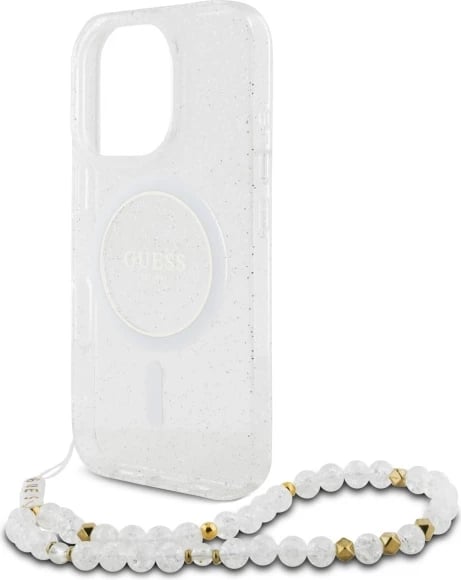 Mbështjellës Guess IML Glitter me rrip perlash MagSafe për iPhone 16 Pro, Transparent Mbështjellës Guess IML Glitter me rrip perlash MagSafe për iPhone 16 Pro, Transparent