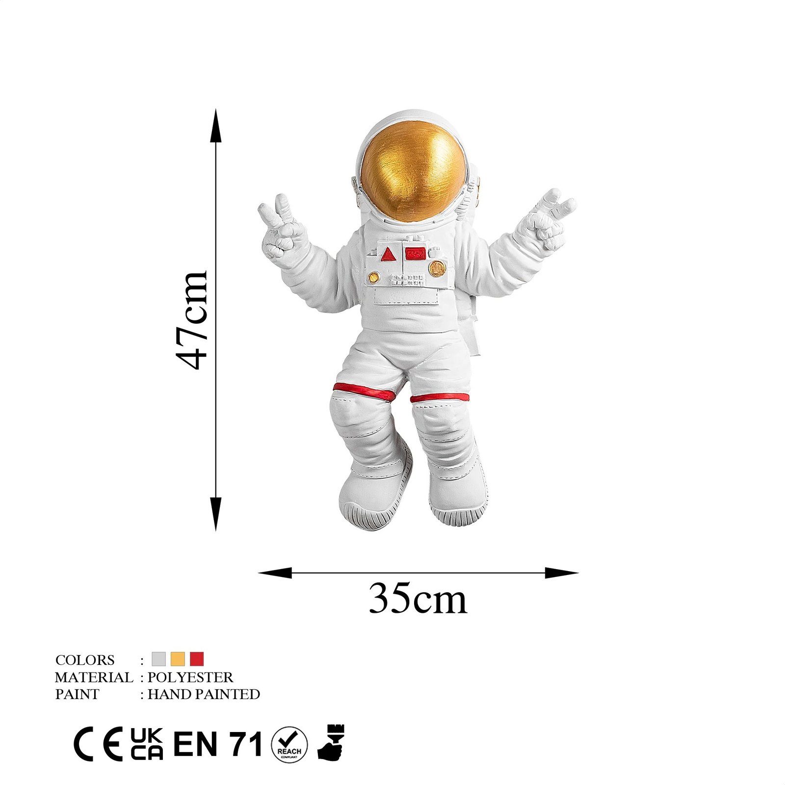Aksesor dekorativ për mur Wallity, astronaut me shenjë paqeje, bardhë dhe ar, 35x47x10cm