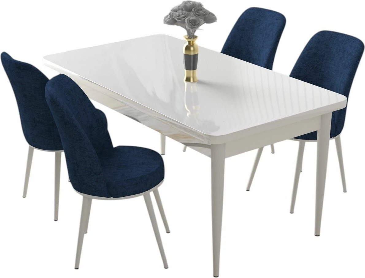 Tavolinë me karrige, 5 pjesë, ngjyrë e bardhë dhe blu e errët, Skye Decor