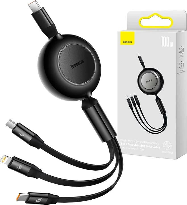 Kabllo multifunksionale Baseus Bright Mirror 4, 3-në-1, USB-C/Micro USB/Lightning, 1.1m, e zezë Kabllo multifunksionale Baseus Bright Mirror 4, 3-në-1, USB-C/Micro USB/Lightning, 1.1m, e zezë