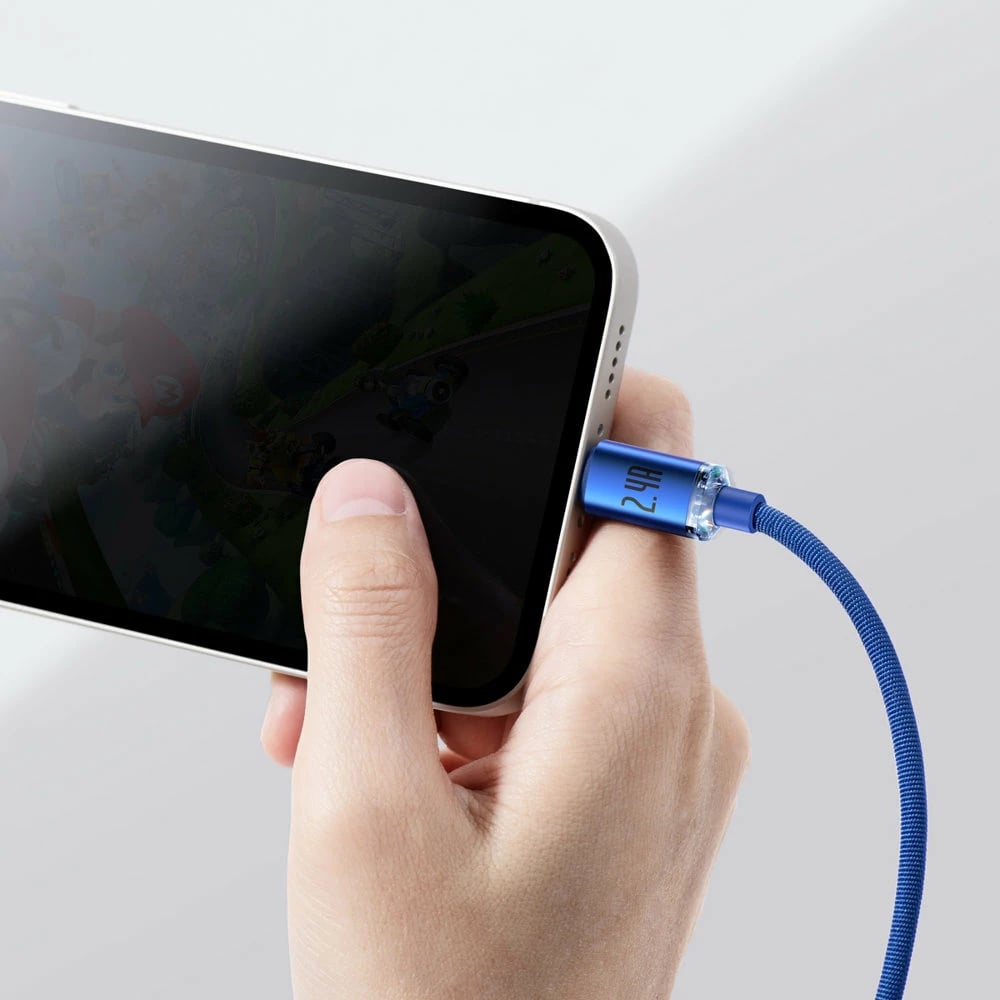 Kabllo karikimi dhe të dhënash Baseus Crystal Shine Series, USB-A në Lightning, 2.4A, 2m, kaltër Kabllo karikimi dhe të dhënash Baseus Crystal Shine Series, USB-A në Lightning, 2.4A, 2m, kaltër