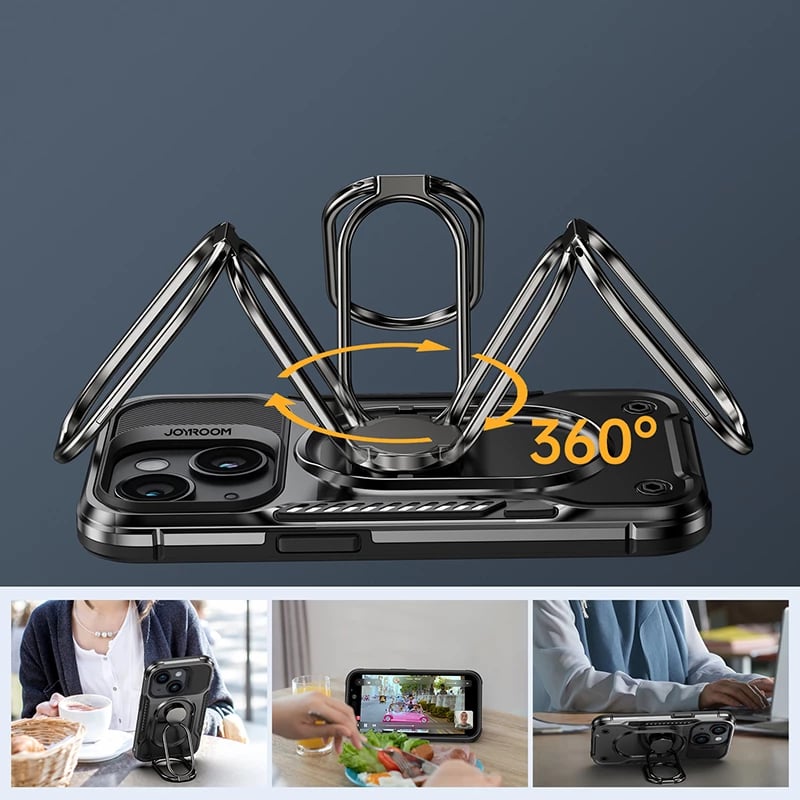 Mbështjellës Joyroom Dual Hinge për iPhone 14 Plus, me këmbalec dhe ring holder, Zi