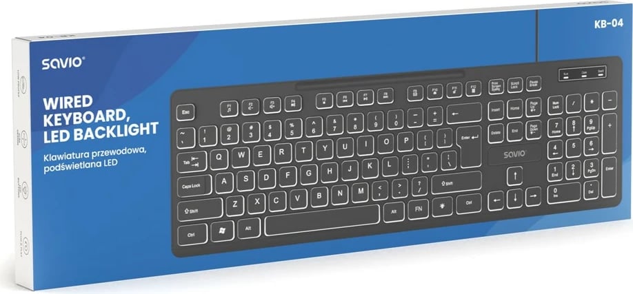 Tastierë me kabllo, Savio KB-04, US layout 104 taste, USB-A, LED ndriçim, e zezë