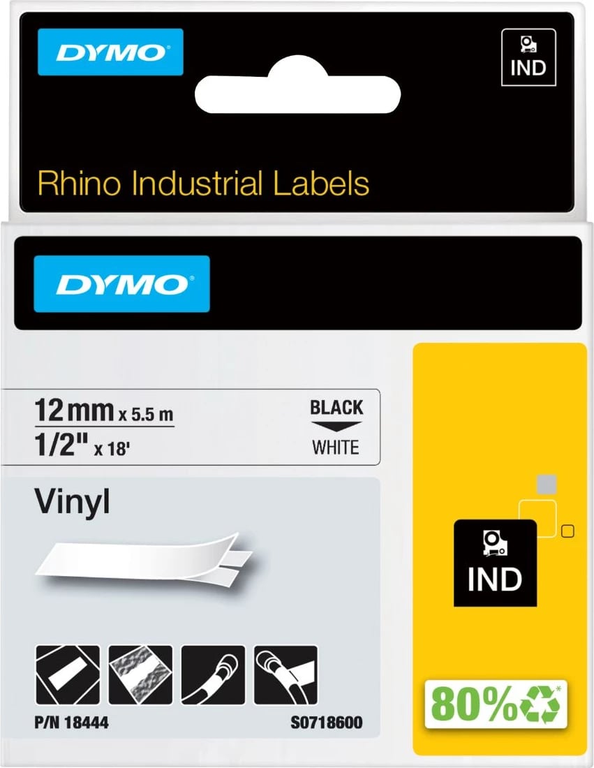 Ribon etiketimi Dymo Rhino Industrial Vinyl 18444 12 mm x 5.5 m L, zi në të bardhë