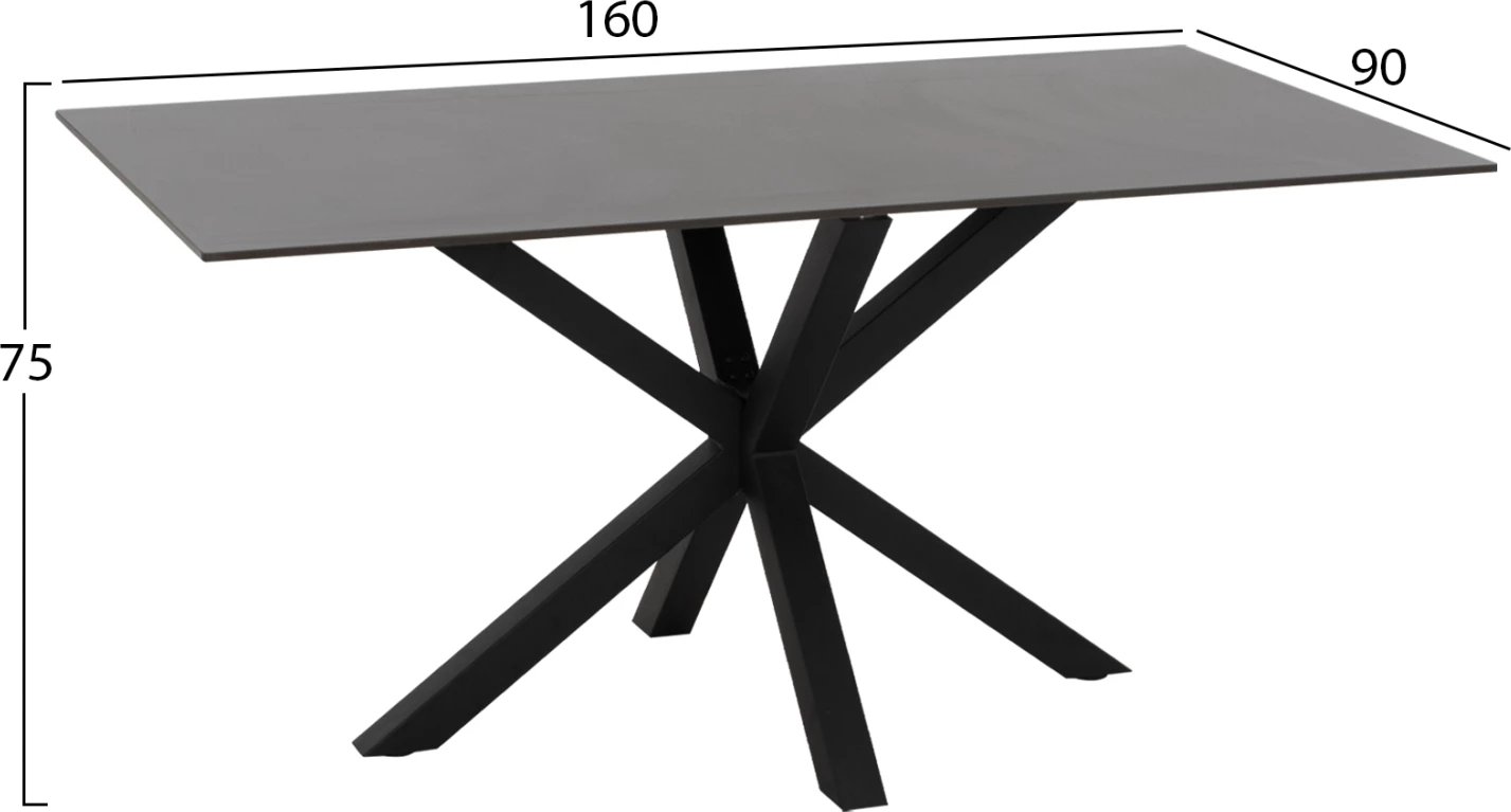 Tavolinë për ngrënie, gur i sinteruar, këmbë metali të zeza, 160x90x75 cm