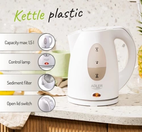 zierës uji elektrik plastik, Adler AD 1207, 1.5 L, 1850-2200 W, i bardhë