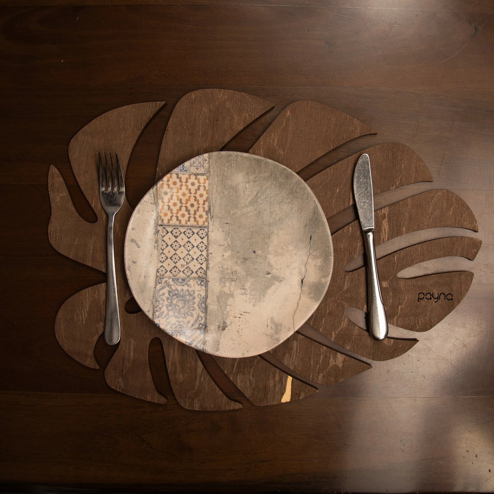Set nënshtruesish tavoline prej druri, Hermia, Monstera, ngjyrë wenge, 6 copë