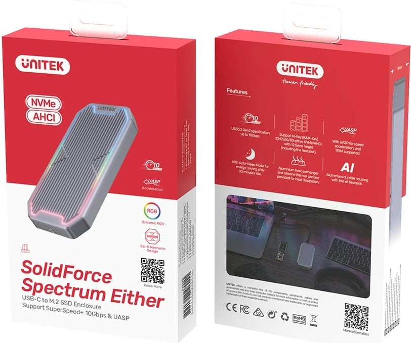 Kasë Unitek S1210B për SSD M.2 NVMe/SATA, USB Type-C, 10Gbps, RGB, Gri