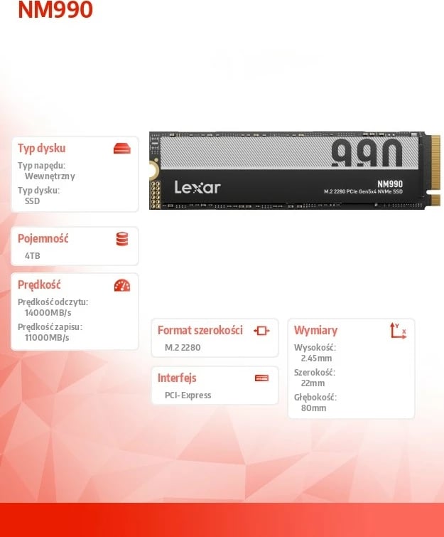 SSD Lexar NM990, 4TB, M.2 2280, PCIe Gen5, i brendshëm