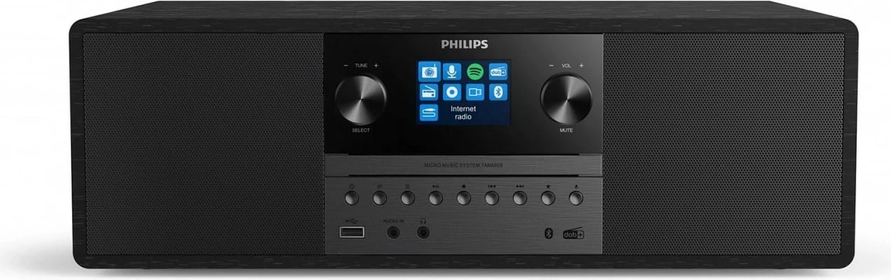 Sistem hi-fi mikro Philips TAM6805/10, internet radio me Wi‑Fi, Spotify Connect, Bluetooth 4.2, CD player, USB riprodhim dhe karikim, 50 W, e zezë, set me telekomandë dhe antenë FM