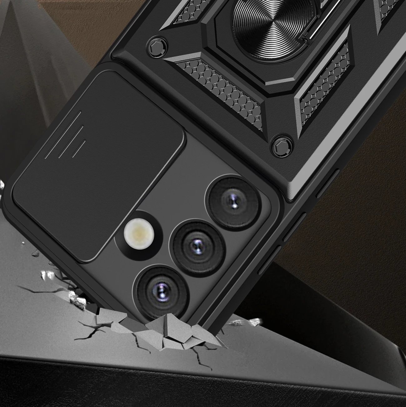 Mbështjellës Hurtel Hybrid Armor Camshield për OnePlus 13 5G, me kapak kamere dhe mbajtëse, i zi