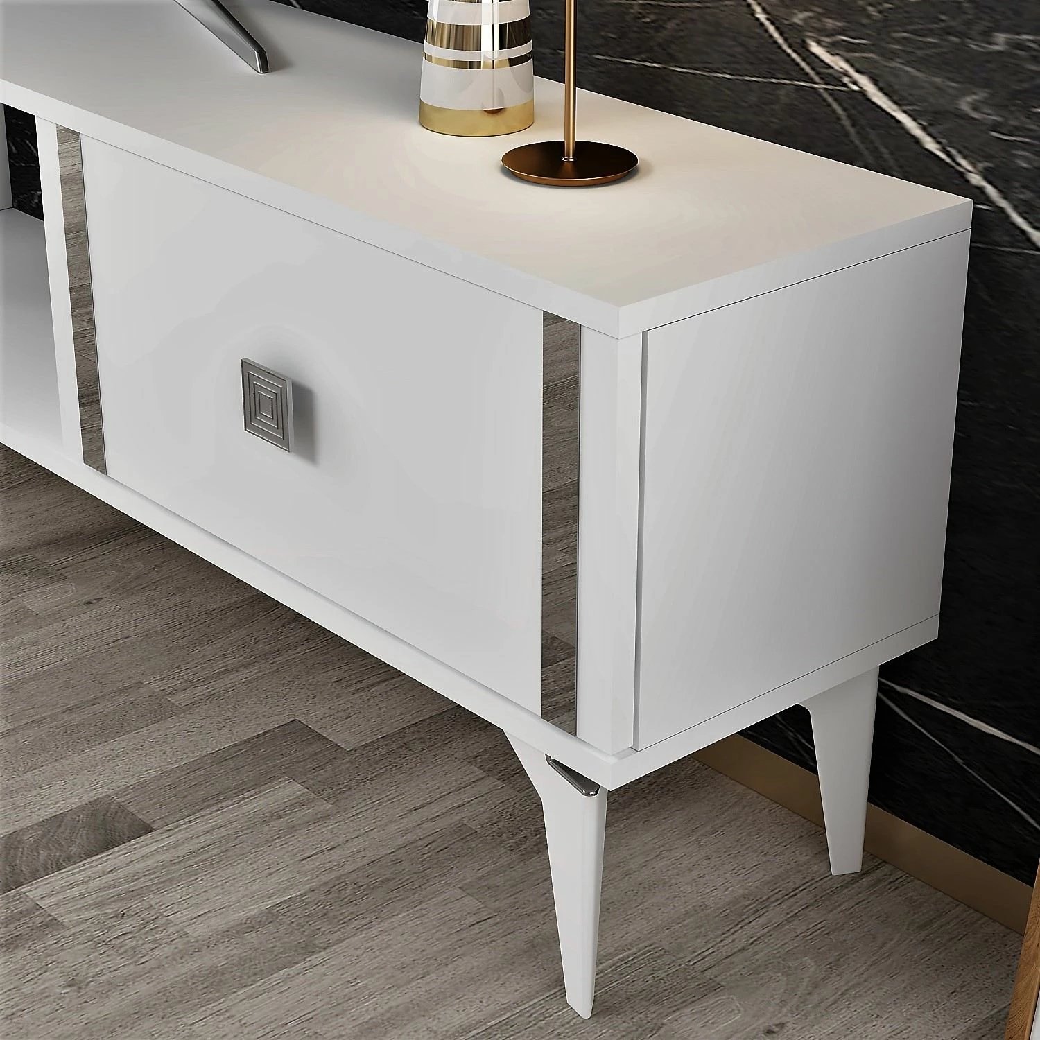 Komodë TV Skye Decor, e bardhë, argjend