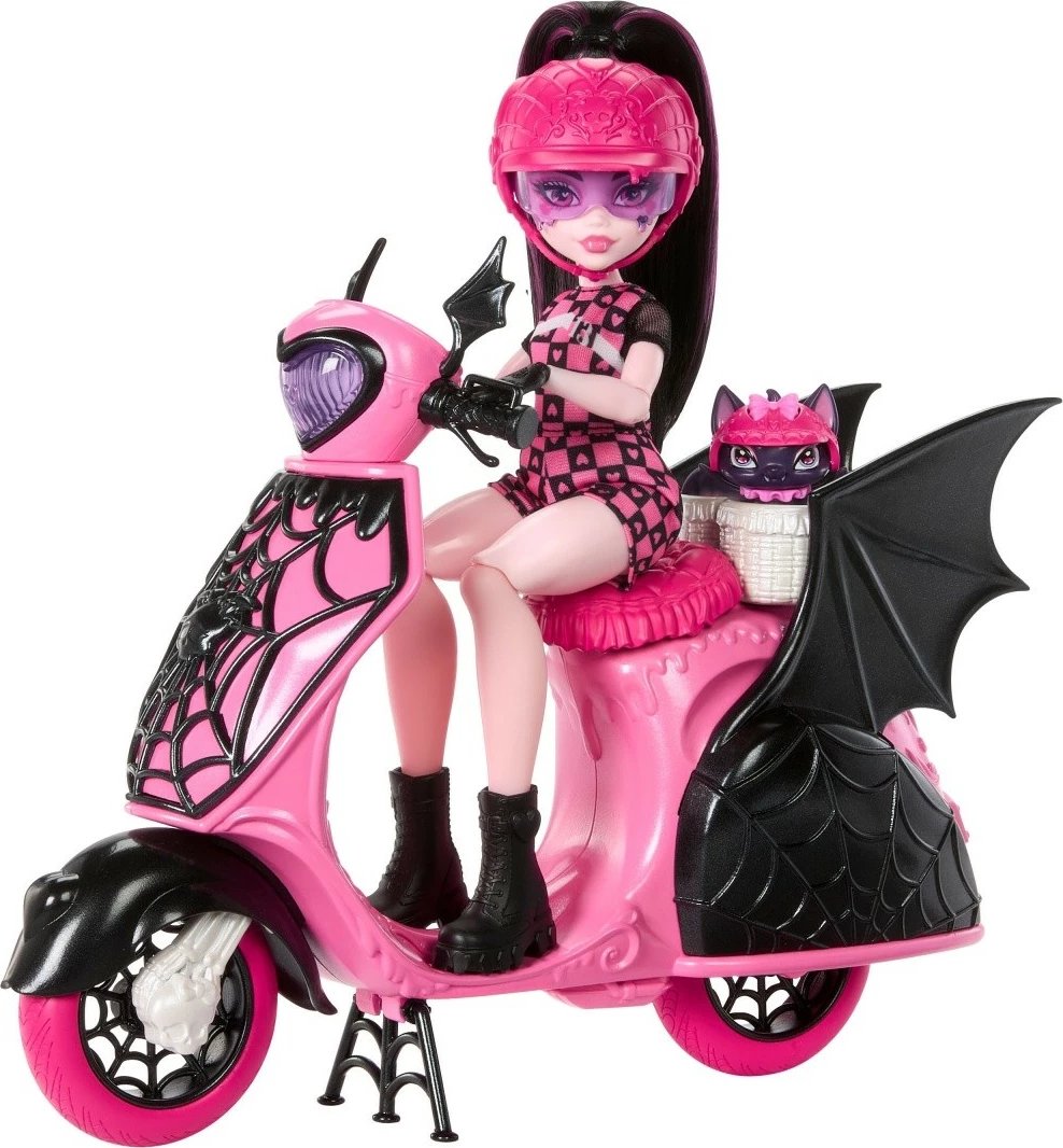 Kukull, Mattel Monster High Draculaura JDR61 me skuter, figurë lakuriqi Count Fabulous dhe 2 helmeta, rozë/zezë, set
