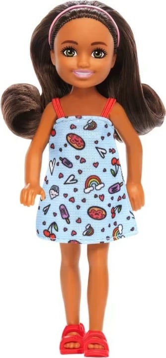 Kukull Barbie Chelsea Mattel DWJ33/HXM97, 15 cm, fustan kaltër, flokë kafe