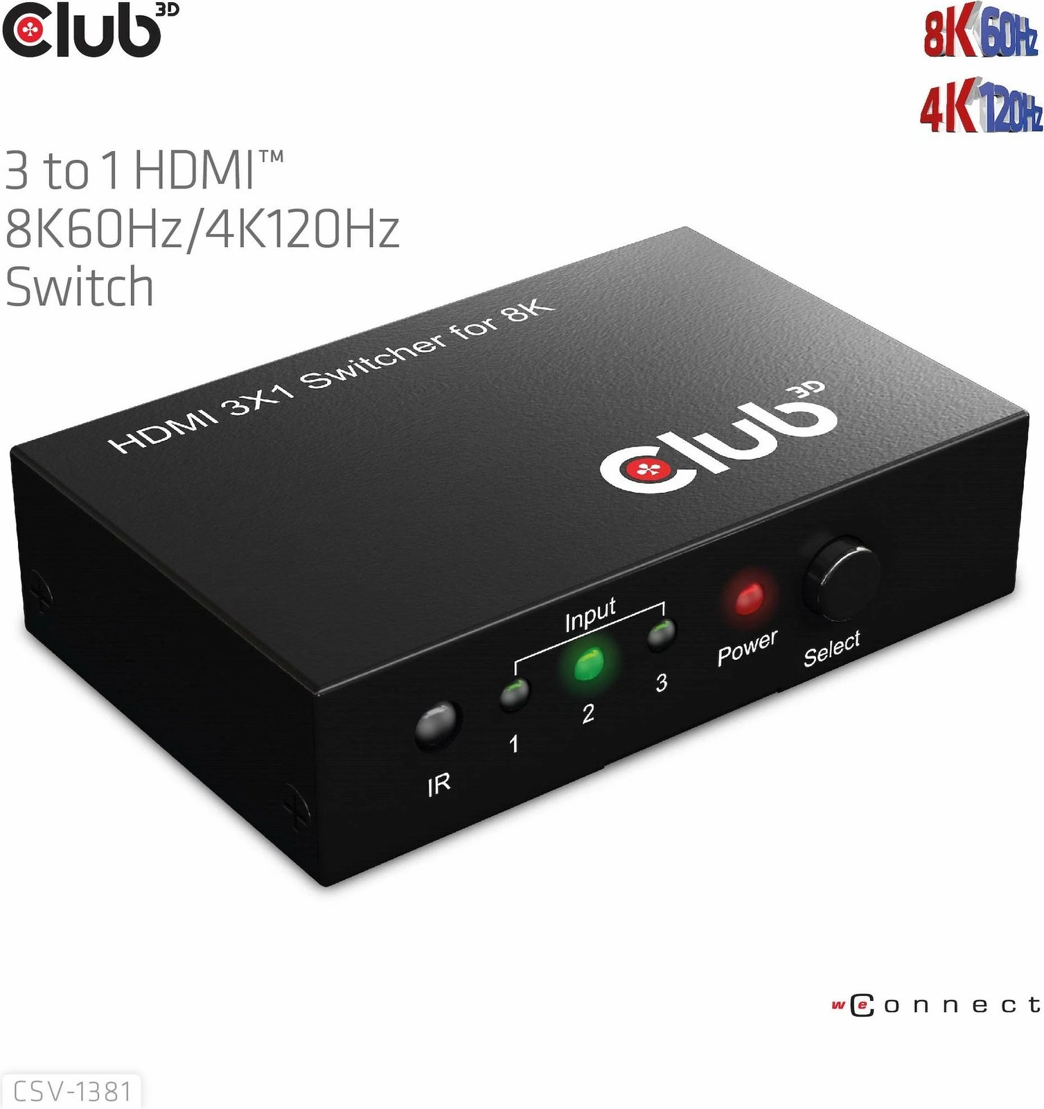 Switch HDMI Club3D CSV-1381, 3 në 1, 8K60Hz, me telekomandë, i zi