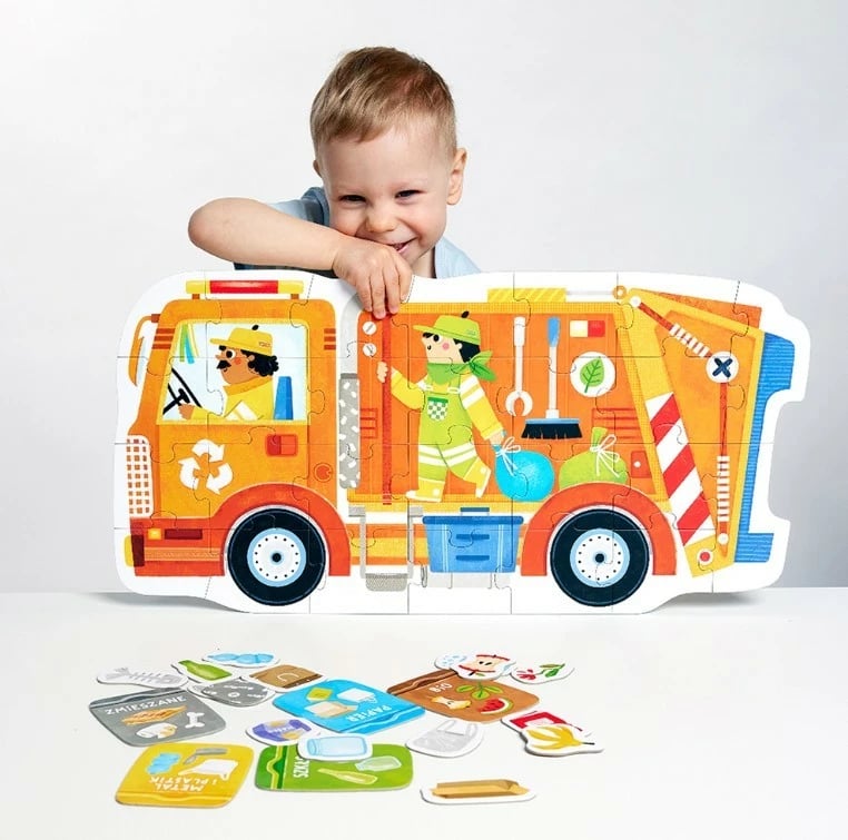 Puzzle edukativ CzuCzu Moto Garbage Truck, 26 pjesë, për fëmijë, portokalli