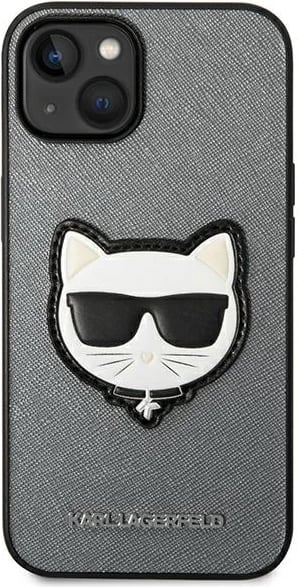 Mbështjellës Karl Lagerfeld KLHCP14MSAPCHG për iPhone 14 Plus 6.7", Saffiano Choupette Head Patch, argjendtë