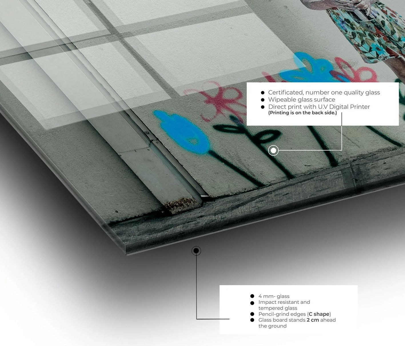 Pikturë dekorative xhami e temperuar, Banksy, shumëngjyrëshe, 50x70cm