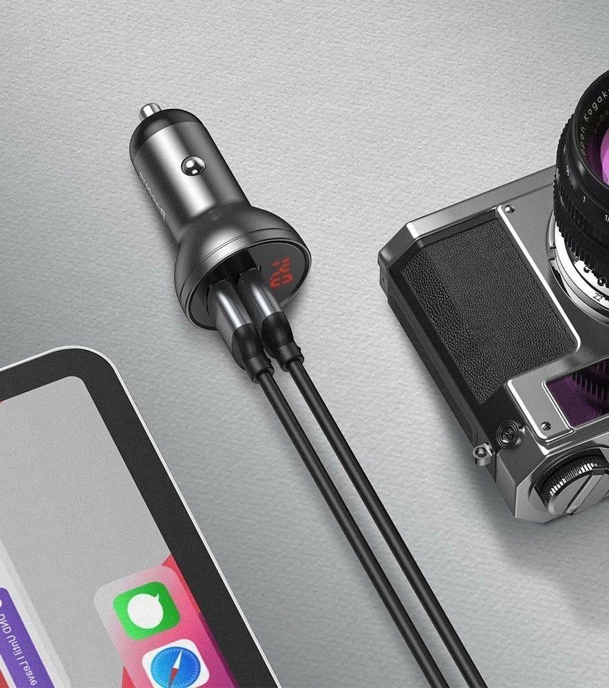Karikues veture Baseus TZCCBX-0G, 2x USB, 24W, me ekran LCD + kabllo 3-në-1 USB-C/micro USB/Lightning, 1.2m, zi Karikues veture Baseus TZCCBX-0G, 2x USB, 24W, me ekran LCD + kabllo 3-në-1 USB-C/micro USB/Lightning, 1.2m, zi