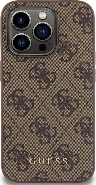 Mbështjellës Guess 4G Metal Gold Logo për iPhone 15 Pro, Kafe
