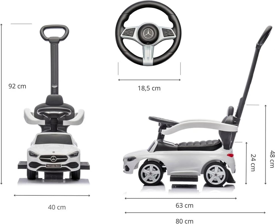 Makinë ride-on me dorezë udhëzuese, Milly Mally, Mercedes C-Class Deluxe, për 12–36 muaj, ngarkesë 25 kg, e bardhë