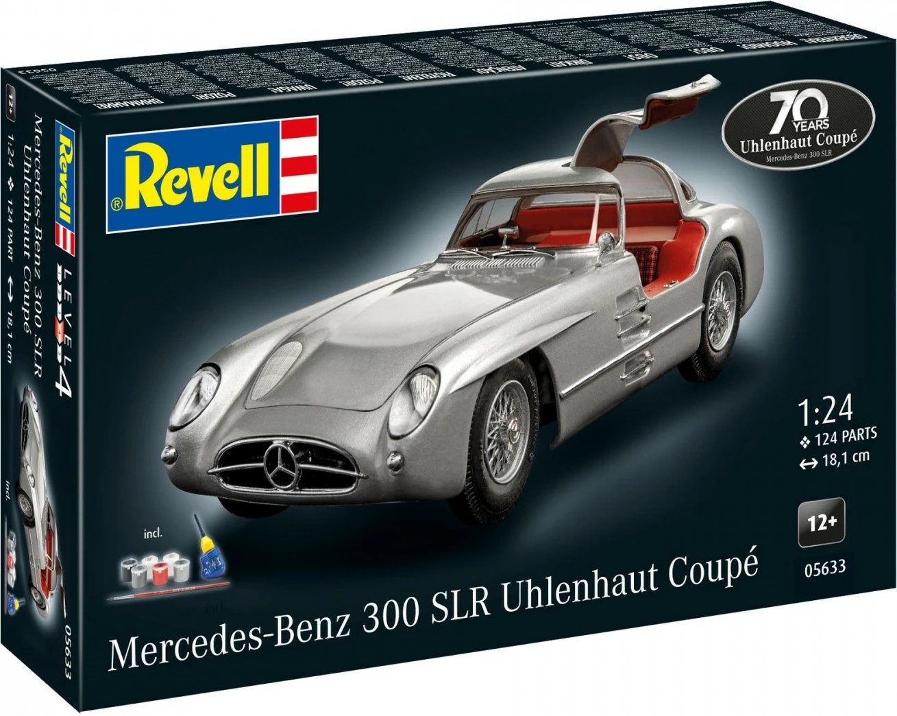 Set modelimi makine Revell Mercedes-Benz 300 SLR Uhlenhaut Coupé, 1:24, 124 pjesë, argjendtë