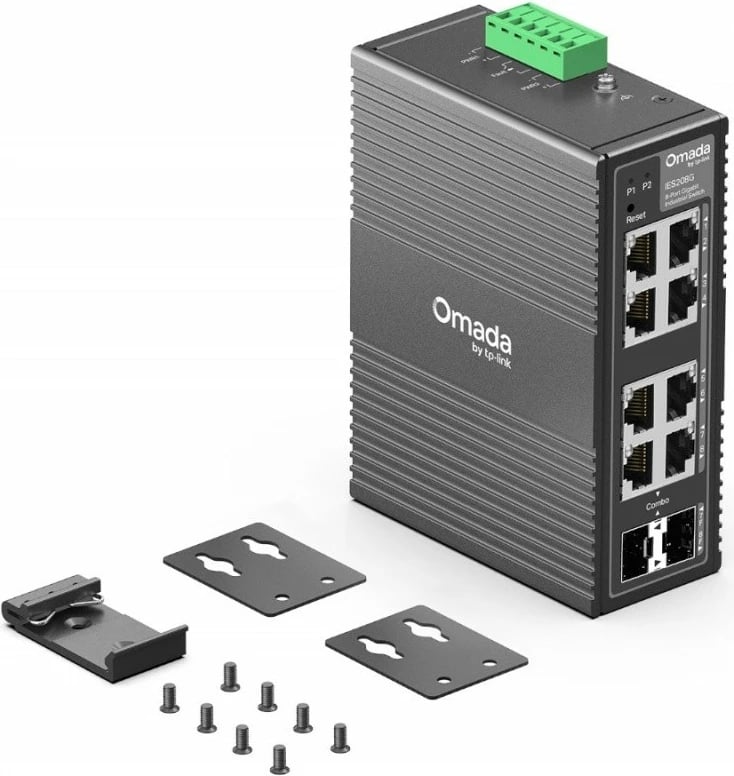 Switch industrial i menaxhueshëm TP-Link IES208G, 8 porta Gigabit (6 RJ45, 2 combo RJ45/SFP), Omada, IP40, menaxhim cloud