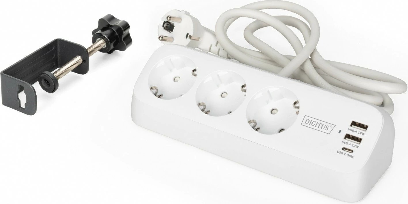 Zgjatues tavoline, Digitus DA-70626, 3 prize Schuko + 2x USB-A 12W + USB-C 30W, kapëse për tavolinë, kabllo 1.5m, e bardhë