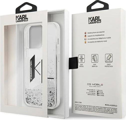 Mbështjellës Karl Lagerfeld KLHCP14LLBKLCS për iPhone 14 Pro 6.1", Liquid Glitter Big KL, argjendtë
